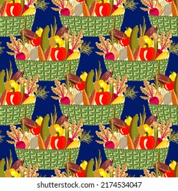 Vector - vegetables assorted in a basket, seamless pattern, template.