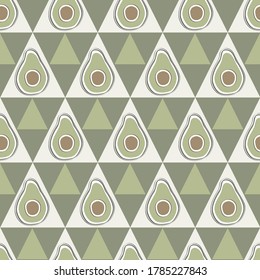 Vector Vegetables Avacados on White and Green Triangles Seamless Repeat Pattern. Background for textiles, cards, manufacturing, wallpapers, print, gift wrap and scrapbooking.
