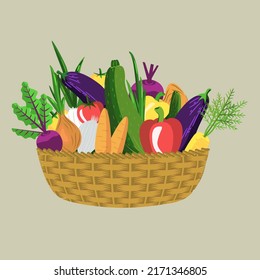 Vector - vegetables basket, onions,
cucumbers, beet rots, paprikas, tomatoes, eggplants and carrots.