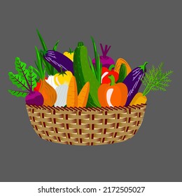 Vector - vegetables basket, onions,
cucumbers, beet rots, paprikas, tomatoes, eggplants and carrots.