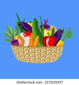 Vector - vegetables basket, onions,
cucumbers, beet rots, paprikas, tomatoes, eggplants and carrots.