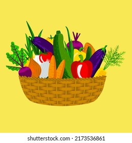 Vector - vegetables basket, onions,
cucumbers, beet rots, paprikas, tomatoes, eggplants and carrots.