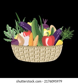 Vector - vegetables basket, onions,
cucumbers, beet rots, paprikas, tomatoes, eggplants and carrots.
