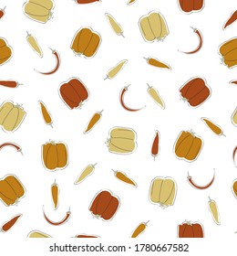 Vector Vegetables Bell Sweet Cayenne Chili Peppers Scattered on White Seamless Repeat Pattern. Background for textiles, cards, manufacturing, wallpapers, print, gift wrap and scrapbooking.