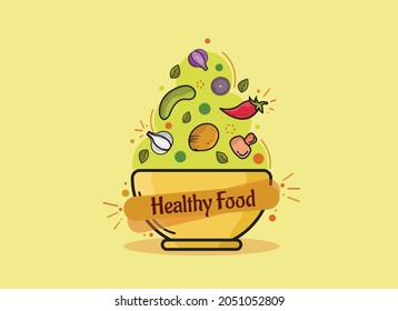 vector of vegetables in a bowl and falling towards the bowl with healthy food concept. vector illustration. flat design. can be used for banners, wallpapers, backgrounds, and greeting cards.