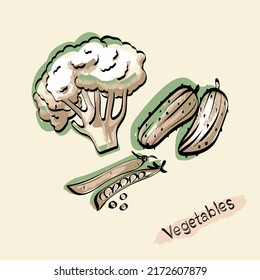 Vector vegetables broccoli cucumber peas. Illustration for textiles, napkins, restaurant, kitchen, menu