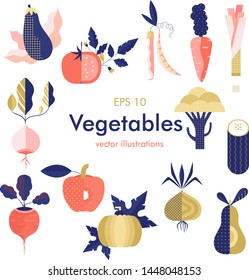 Vector vegetables collection.Each one is isolated for easy use.Summer vegetables set of tomato, onion, pumpkin, eggplant,pea,papper. Detailed organic food template for menu, jam label, tea banner