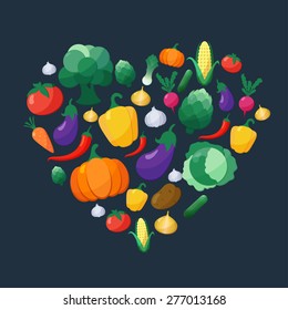 Vector Vegetables Flat Style Icons Set in Heart Shape over Dark Background with Eggplant, Carrot, Paprika, Artichoke, Corn, Radish, Pumpkin,  Leek, Pepper, Onion, Broccoli,  Cabbage, Tomato, Garlic