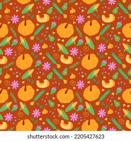 Vector vegetables, flowers, stars and decorative elements in cartoon style seamless pattern
