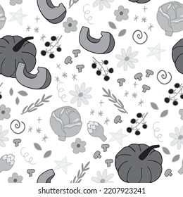 Vector vegetables, flowers, stars and decorative elements in cartoon style black and white seamless pattern