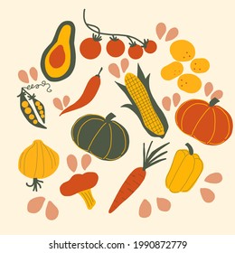 Vector vegetables food on white background. Colored farm products. hand drawn fresh color vegetables on beige