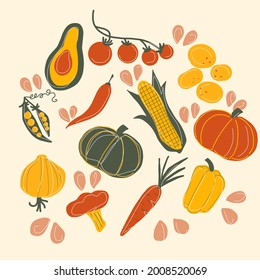 Comida de verduras vectoriales con fondo blanco. Productos agrícolas de colores. verduras de color fresco a mano en beige