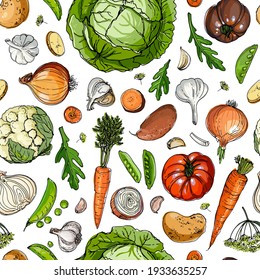 Vector vegetables food pattern on white background. Colored farm products.