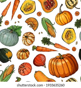 Vector vegetables food pattern on white background. Colored farm products.