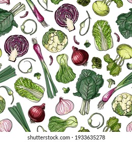 Vector vegetables food pattern on white background. Colored farm products.