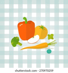 Vector vegetables, fruit illustration. Minimalist fresh food icon in flat style. Pepper, tomato, carrot, blueberry, apple, broccoli, mint. Checkered tablecloth background.