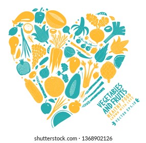 Vector vegetables and fruits arranged in the shape of a heart design template. Food background. Linocut style. Healthy food.