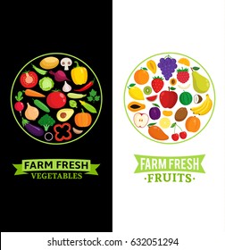 Vector vegetables and fruits badges for groceries, agriculture stores, packaging and advertising