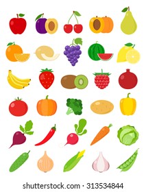 Vector vegetables and fruits flat icons set for groceries, agriculture stores, packaging and advertising