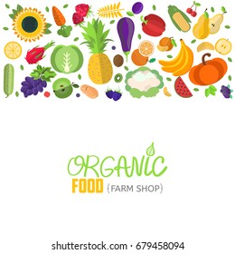 Vector vegetables and fruits header.Banner with fruit and vegetable icons. Concept illustration for groceries, agriculture stores, packaging and advertising.