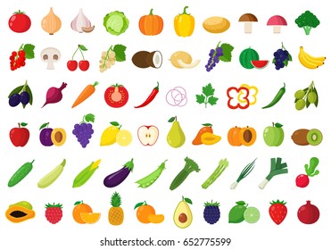 Vector vegetables and fruits icons set for groceries, agriculture stores, packaging and advertising