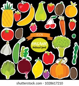 Vector vegetables and fruits illustration .Hand-drawn illustrations isolated on black background.