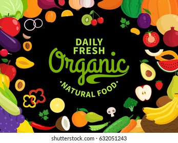 Vector vegetables and fruits illustration on black background.