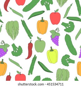 Vector vegetables and fruits pattern. hand-drawn healthy food seamless background.