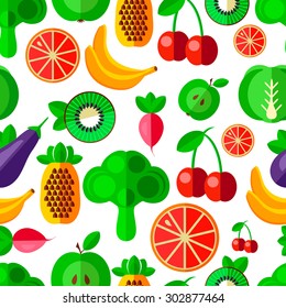 Vector vegetables and fruits seamless pattern with banana, pineapple, apple, radish, cherry, orange, eggplant, broccoli. Illustration for web, mobile and print.