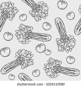 Vector vegetables hand drawn engraving  pattern. Kitchen ingredients. Celery, tomato set.