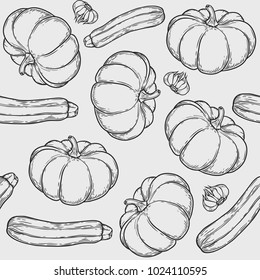 Vector vegetables hand drawn engraving  pattern. Kitchen ingredients. Pumpkin, garlic, zucchini set.