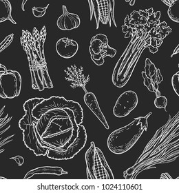Vector vegetables hand drawn engraving  pattern. Kitchen ingredients. Chalk style asparagus, broccoli, onion, potato, tomato, paprica set.