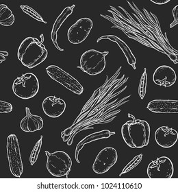 Vector vegetables hand drawn engraving  pattern. Kitchen ingredients. Chalk style chili pepper, onion, potato, tomato, paprica set.