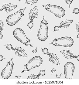 Vector vegetables hand drawn engraving  pattern. Kitchen ingredients. Eggplant and radish set.