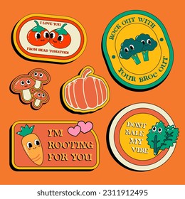 Vector vegetables hand drawn retro sticker collection
