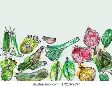 Vector Vegetables Hand-drawn watercolor background with nature mediterranean vegetables. Fresh organic food.