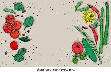 Vector vegetables, herbs and spices. Healthy food sketch illustration 
Easy to change colors
