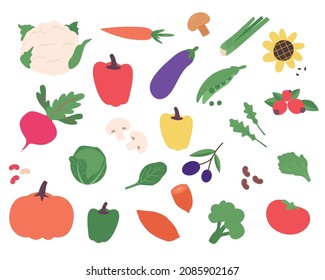 Conjunto de iconos de verduras vectoriales. Ilustración vectorial estilo plano. Producto de granja de recogida para menú de restaurante, etiqueta de mercado.