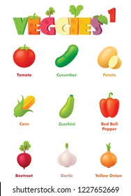 Vector vegetables icon set. Includes colorful and bright tomato, cucumber, potato, maize or corn, zucchini, bell pepper, beetroot, garlic and onion icons