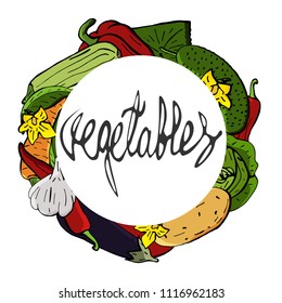 Vector vegetables icons set in a cartoon style stacked in a round wreath. Collection farm product for restaurant menu, market label.