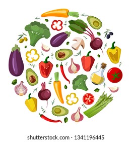 Vector vegetables icons set in cartoon style on a white background. Collection farm product for restaurant menu, market label.