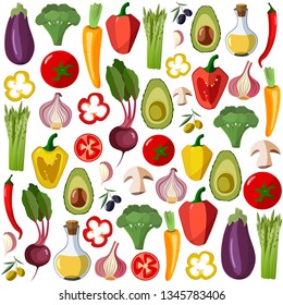 Vector vegetables icons set in cartoon style on a white background. Collection farm product for restaurant menu, market label.