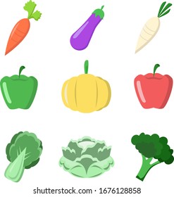 Vector vegetables icons set in cartoon style. Flat design. Collection farm product for restaurant menu, market label.