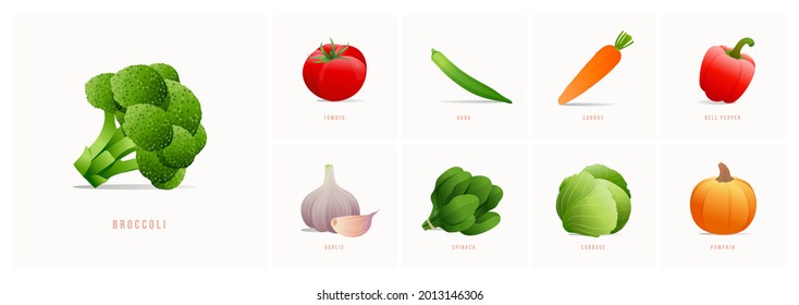 Vector vegetables icons set in cartoon style. Collection farm product for restaurant menu, market label.