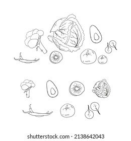 Iconos de verduras vectoriales ajustados al estilo de las caricaturas. Producto de granja de recogida para menú de restaurante, etiqueta de mercado.