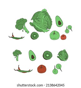 Vector vegetables icons set in cartoon style. Collection farm product for restaurant menu, market label.