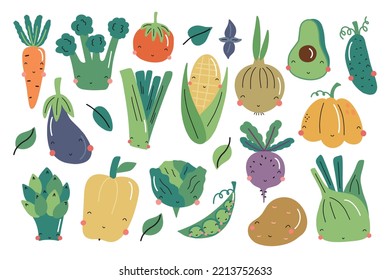 Vector vegetables icons set in cartoon style. Collection farm product for restaurant menu, market label.