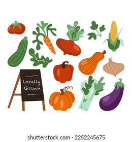 Iconos de verduras vectoriales montados en estilo plano de caricatura. Producto cultivado en la granja de la colección para el menú del restaurante, etiqueta del mercado. Tomates, zanahoria, pimienta, calabaza, maíz y plato aislados en segundo plano