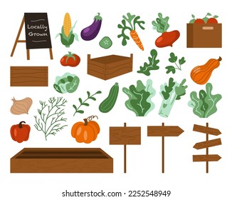 Iconos de verduras vectoriales montados en estilo plano de caricatura. Producto cultivado en la granja de la colección para el menú del restaurante, etiqueta del mercado. Tomates, zanahoria, pimienta, calabaza, maíz y plato aislados en segundo plano