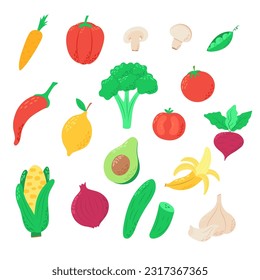 Vector vegetables icons set in cartoon style.